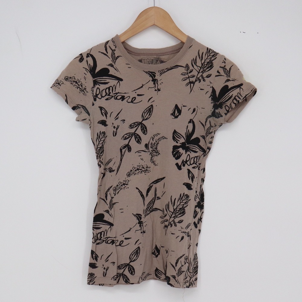 Volcom T-Shirt Womens Small Volcomgrlsct Taupe All-Over Print Excellent